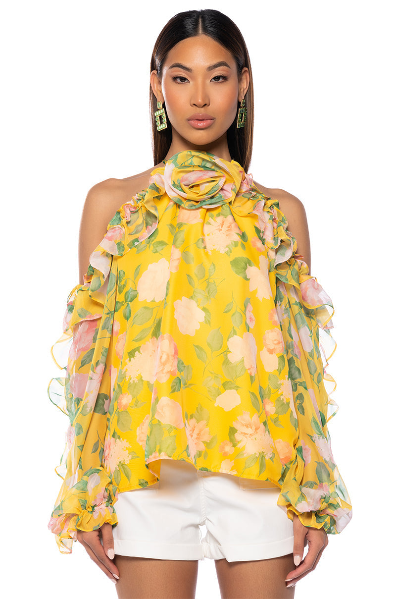 MISTY FLORAL PRINT COLD SHOULDER CHIFFON BLOUSE