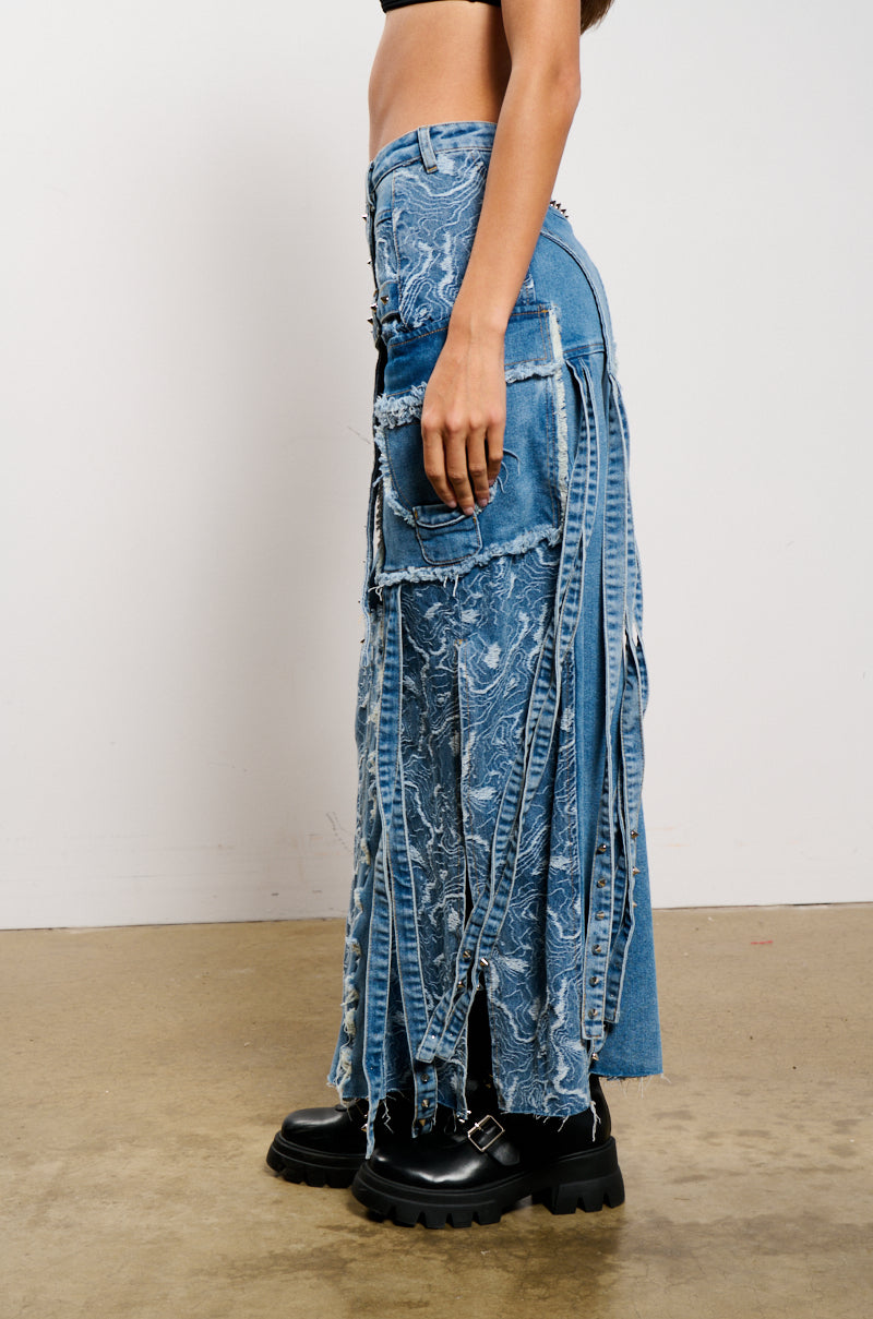 MIXED MEDIA DENIM MAXI SKIRT