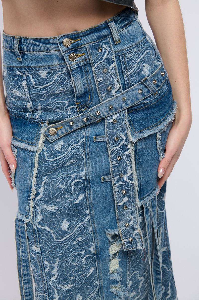 MIXED MEDIA DENIM MAXI SKIRT