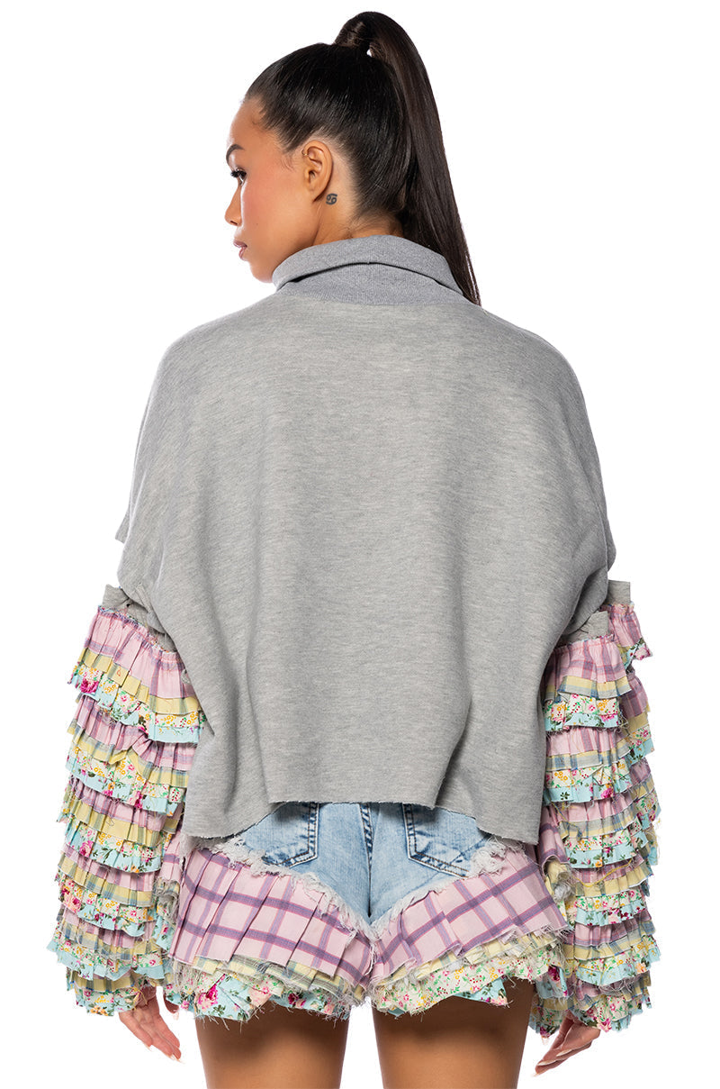 MODERN ESSENCE RUFFLE SLEEVE PULLOVER