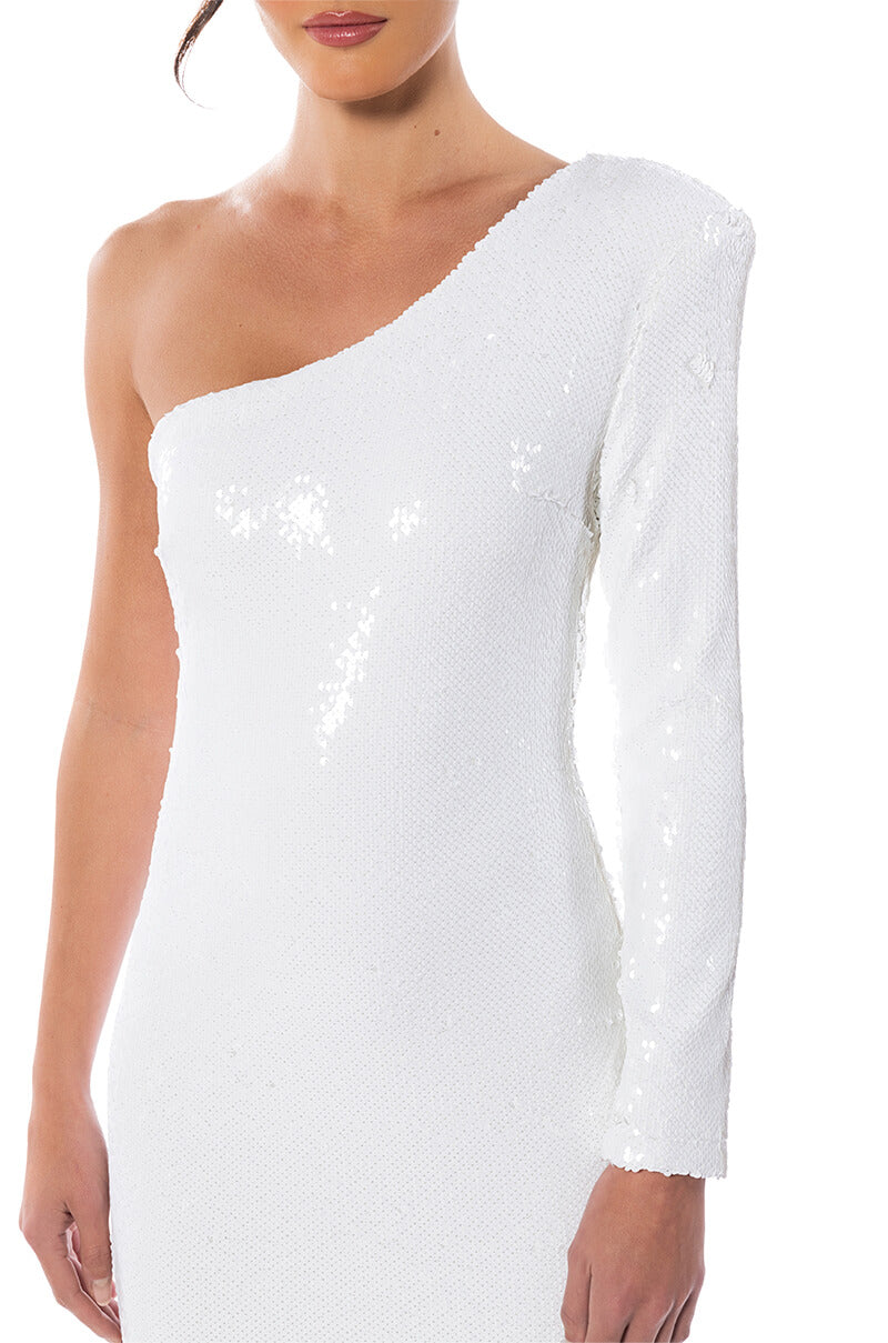 MOONLIGHT ONE SHOULDER SEQUIN MIDI DRESS