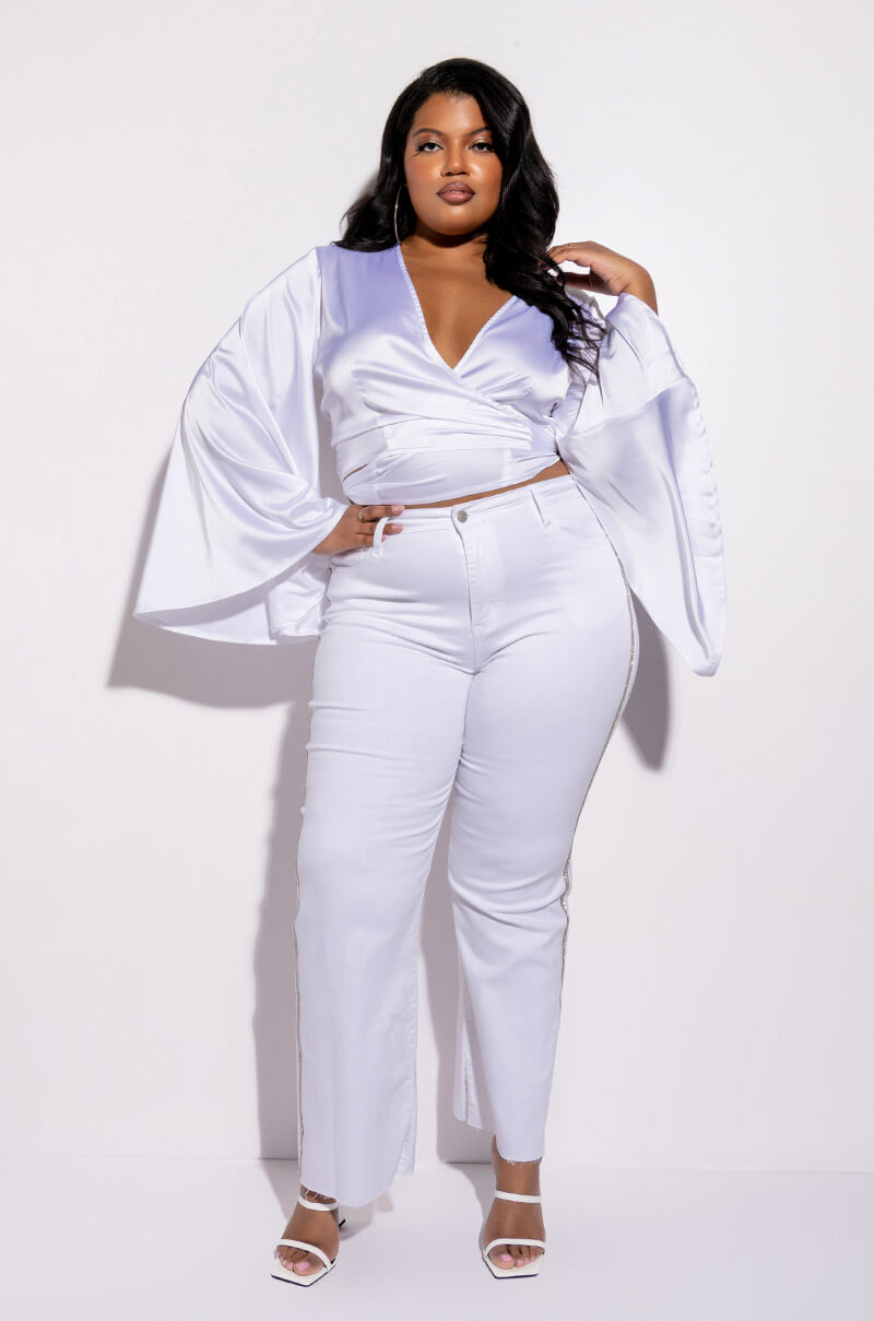 MOONWALKER RHINESTONE HIGH RISE SIDE SLIT STRAIGHT LEG JEANS