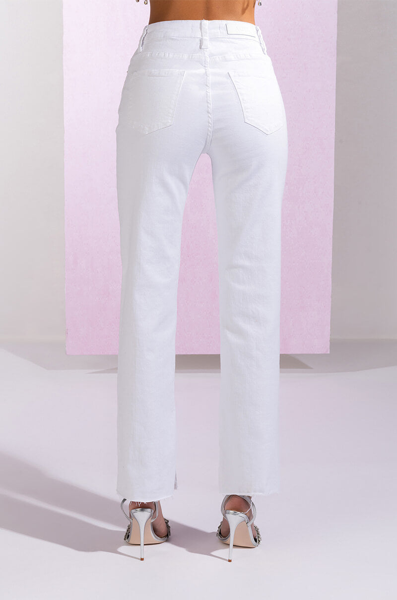 MOONWALKER RHINESTONE HIGH RISE SIDE SLIT STRAIGHT LEG JEANS