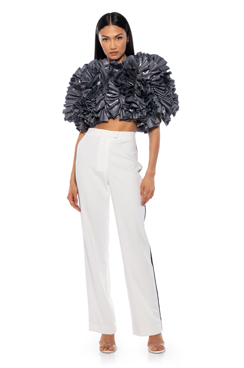 MUST BE DREAMING DENIM RUFFLE CROP BLOUSE