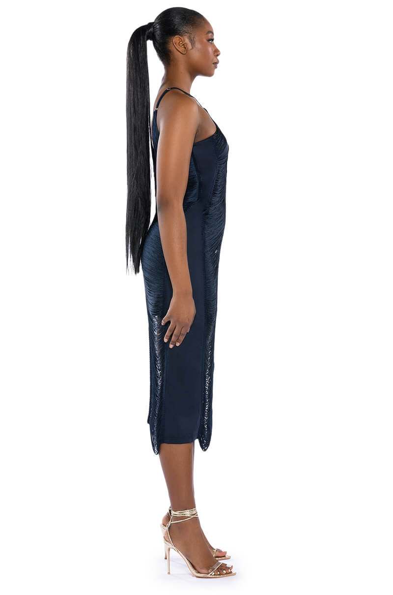 NADINE LOW BACK FRINGE MIDI DRESS