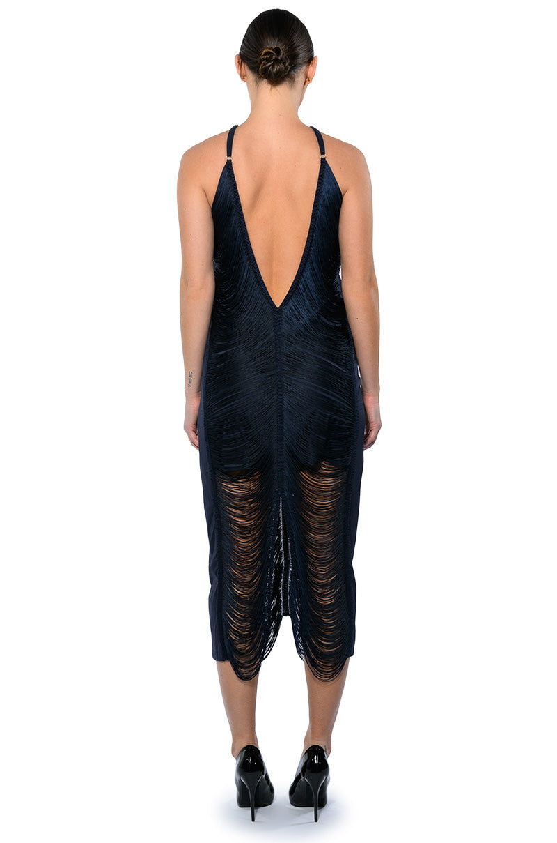 NADINE LOW BACK FRINGE MIDI DRESS