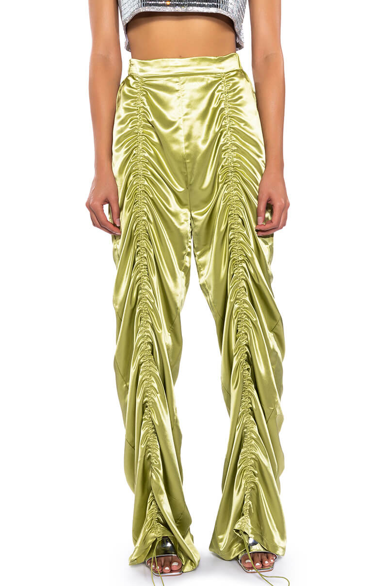 NEVER REGULAR CINCHED SATIN HIGH RISE PANTS
