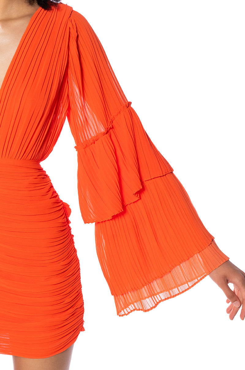 NEVER SETTLE DEEP V RUCHED LONG SLEEVE MINI DRESS