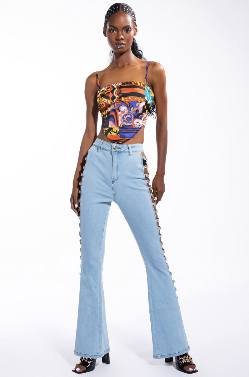 EMMA CHAIN DETAIL HIGH WAISTED FLARE JEANS