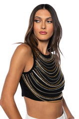 NIA CHAIN EMBELLISHED RIBBED CROPPED TANK IN BLACK