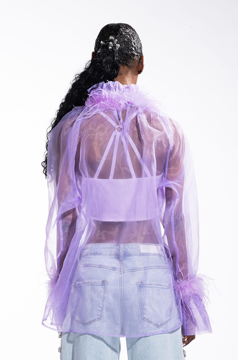 NICE TO MEET YOU FEATHER TRIM LONG SLEEVE ORGANZA BLOUSE