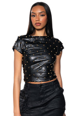 NICO FAUX LEATHER SPIKE DETAILED SHORT SLEEVE TOP