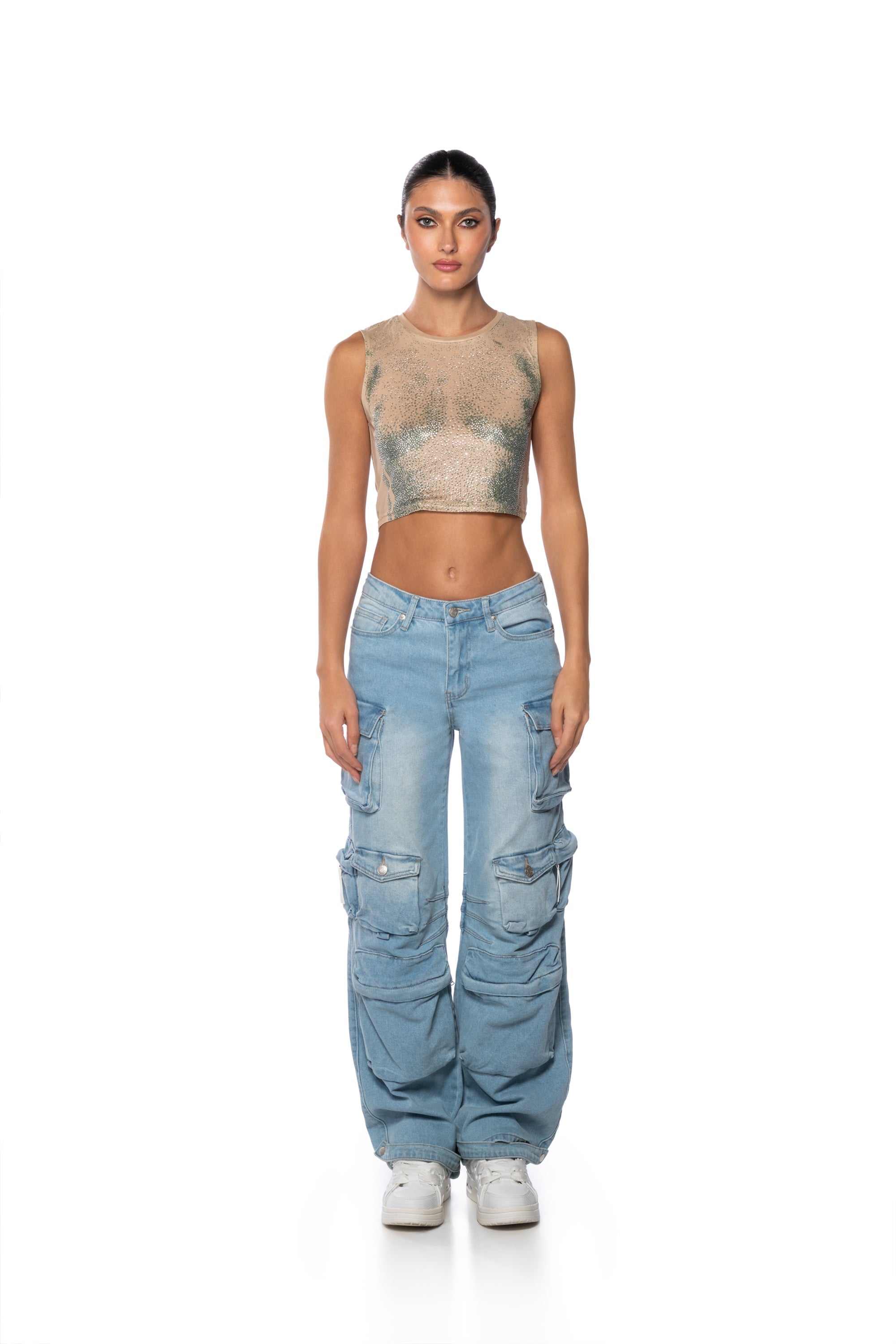 OUT OF THIS GALAXY RHINESTONE MESH TOP