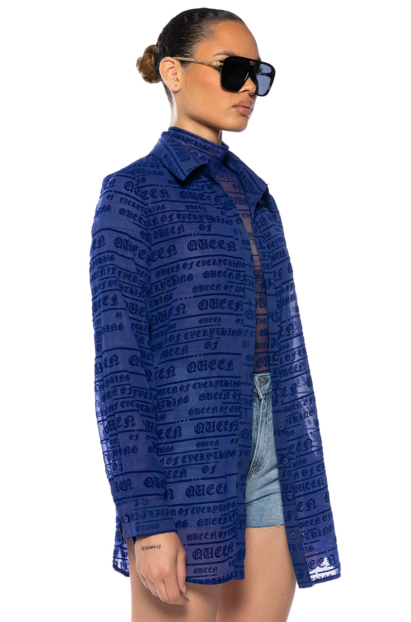 QUEENIE FLOCKED BUTTON DOWN BLOUSE