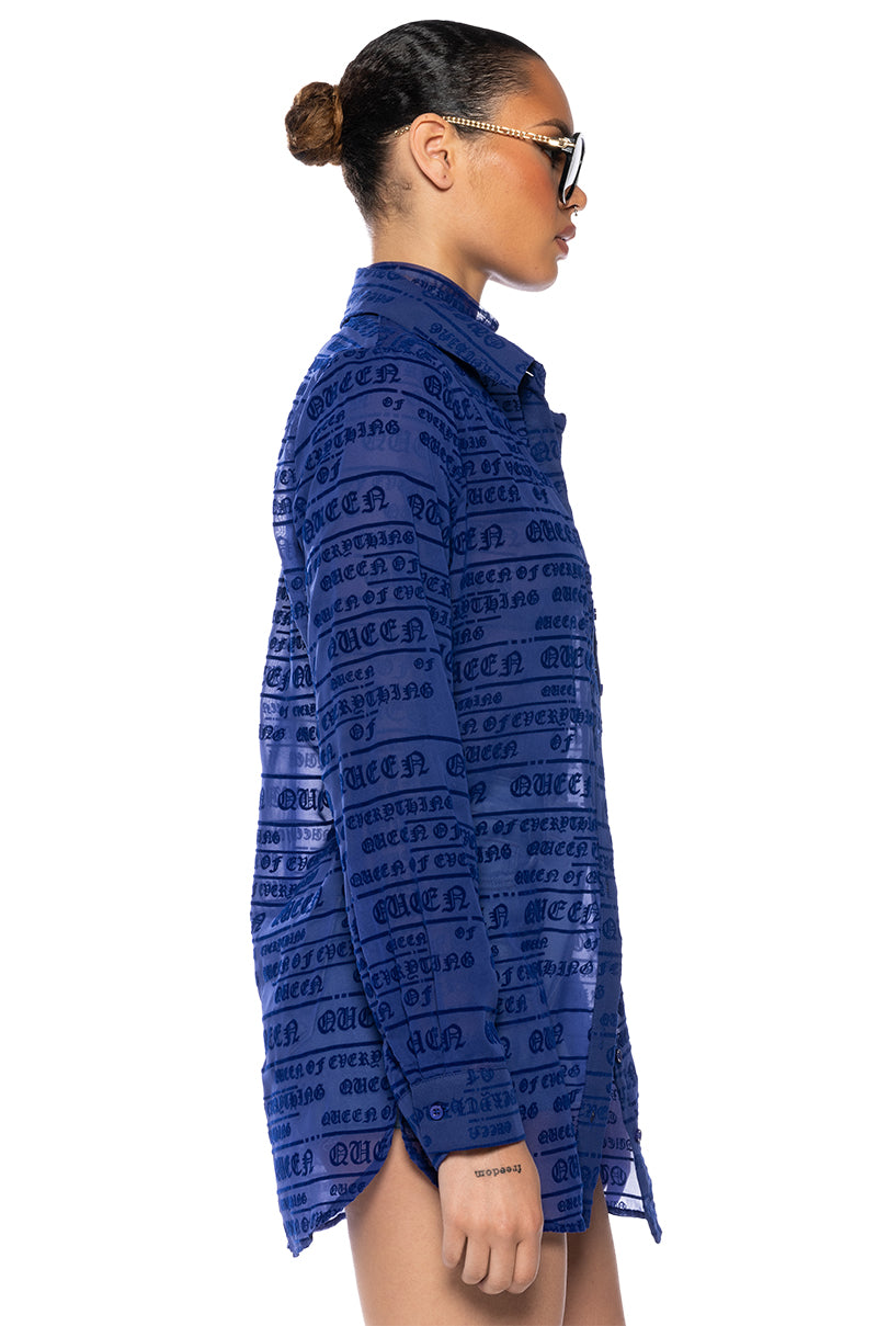 QUEENIE FLOCKED BUTTON DOWN BLOUSE