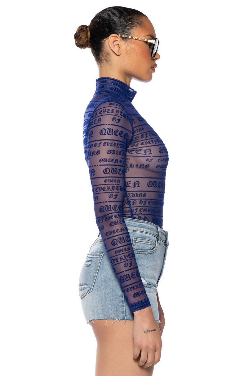 QUEEN OF EVERYTHING FLOCKED LONG SLEEVE MESH BODYSUIT