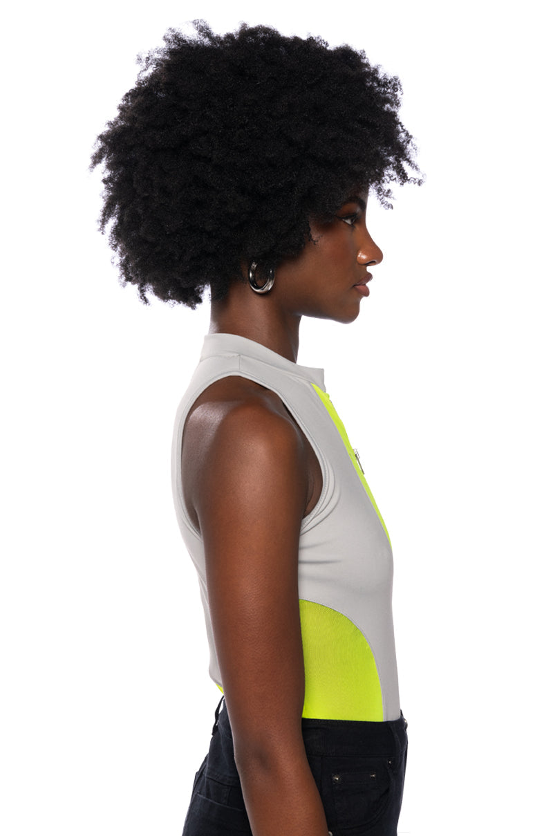 RACE MY MIND ZIPPER DETAIL SLEEVELESS BODYSUIT