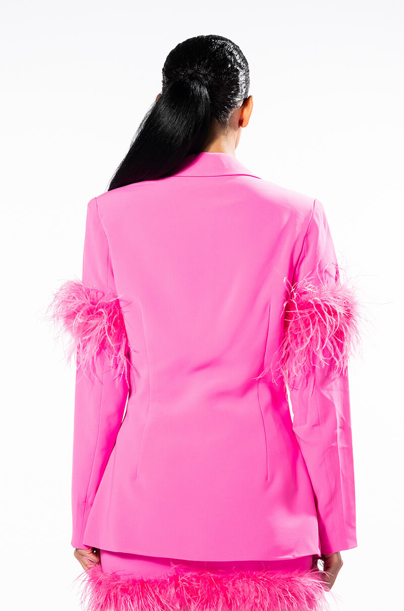 RAISE YOUR GLASS FEATHER TRIM BLAZER