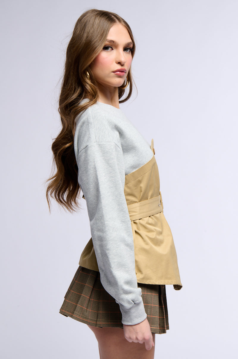 READY FOR ACTION BELTED MIXED MATERIAL SWEATSHIRT