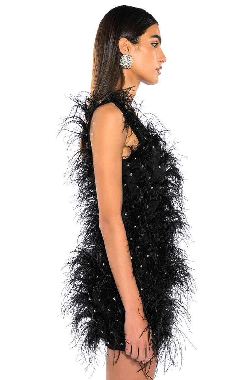 RENDEZVOUS SLEEVELESS FEATHER MINI DRESS