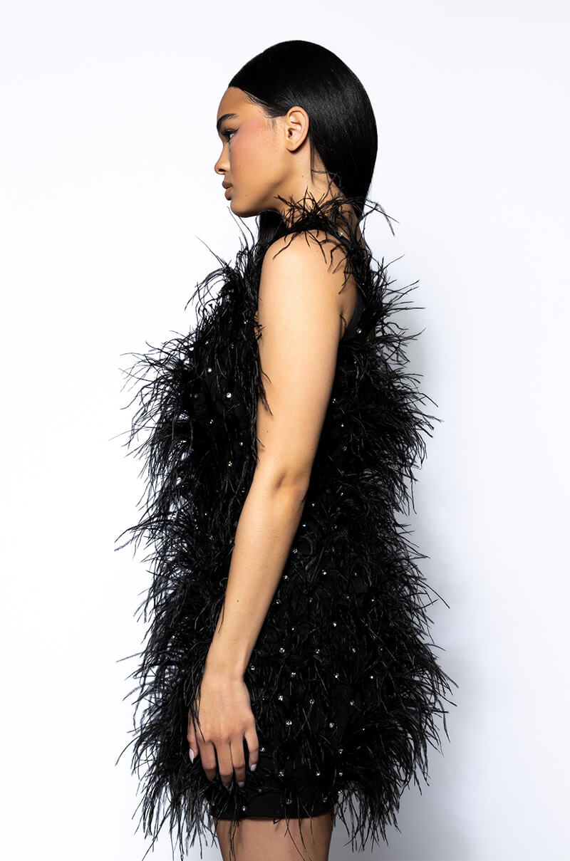 RENDEZVOUS SLEEVELESS FEATHER MINI DRESS