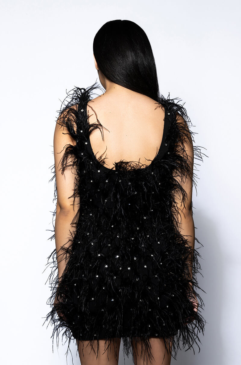 RENDEZVOUS SLEEVELESS FEATHER MINI DRESS