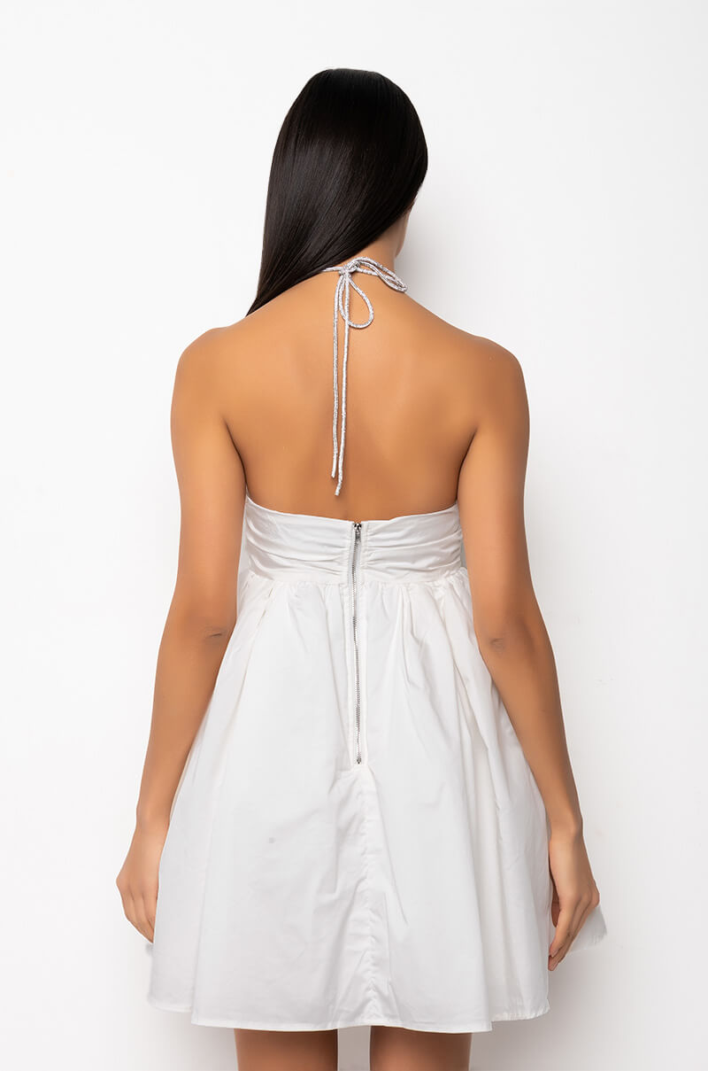 RHINESTONE HALTER FIT AND FLARE DRESS