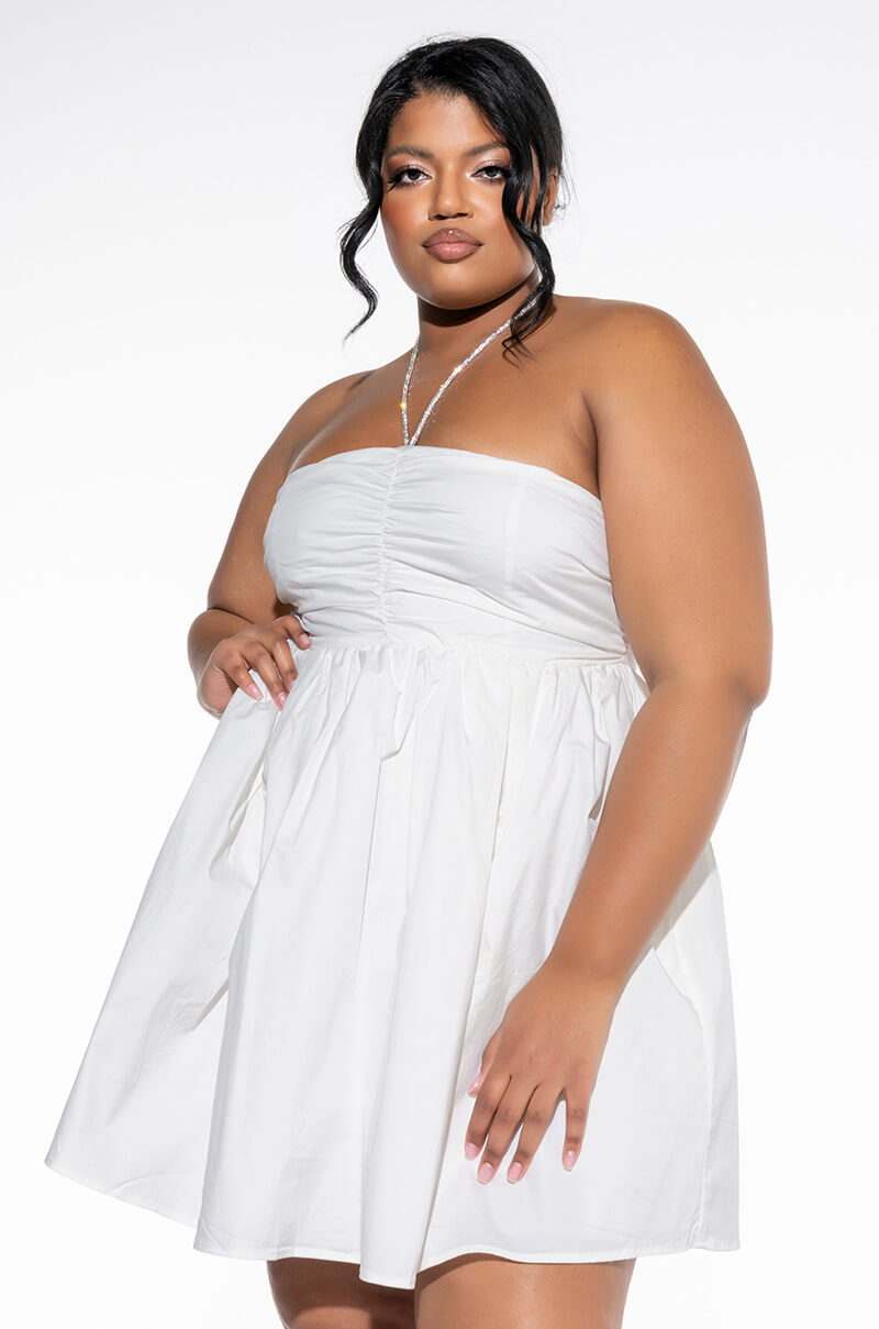 RHINESTONE HALTER FIT AND FLARE DRESS