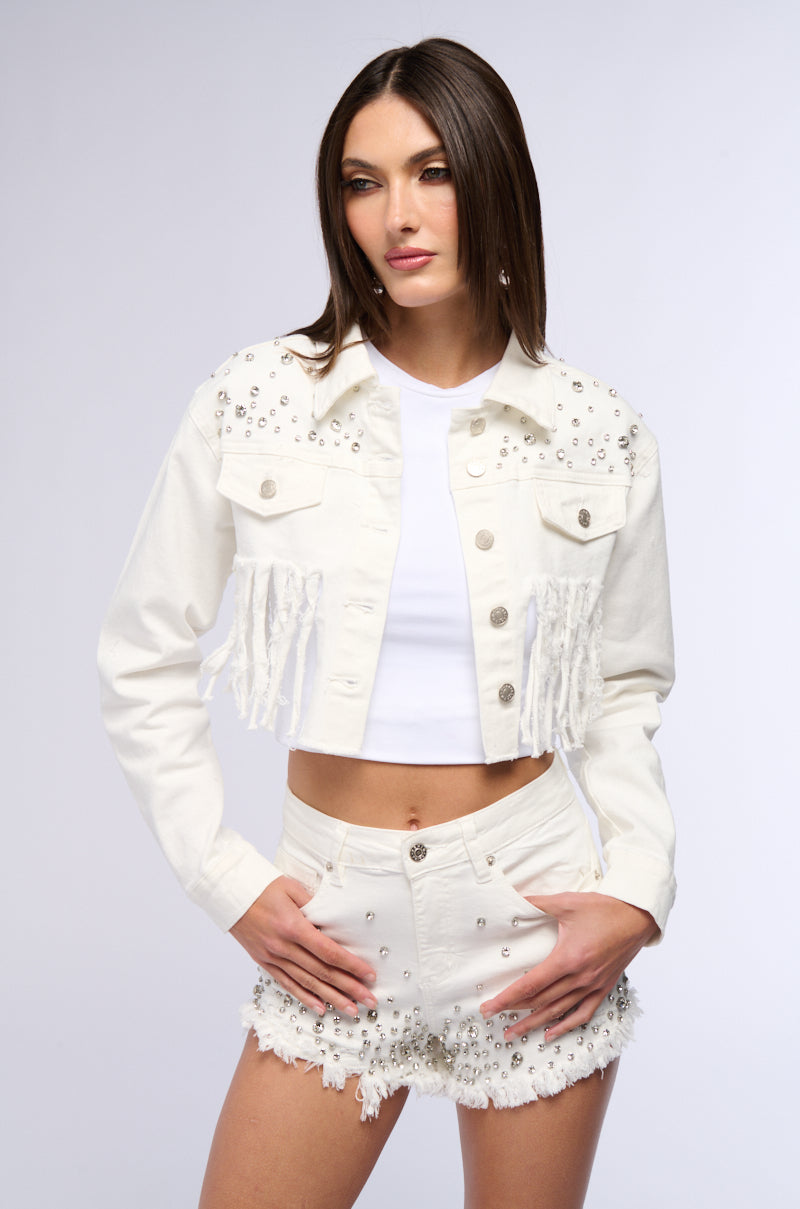 RILEE EMBELLISHED DENIM CROP JACKET IN WHITE
